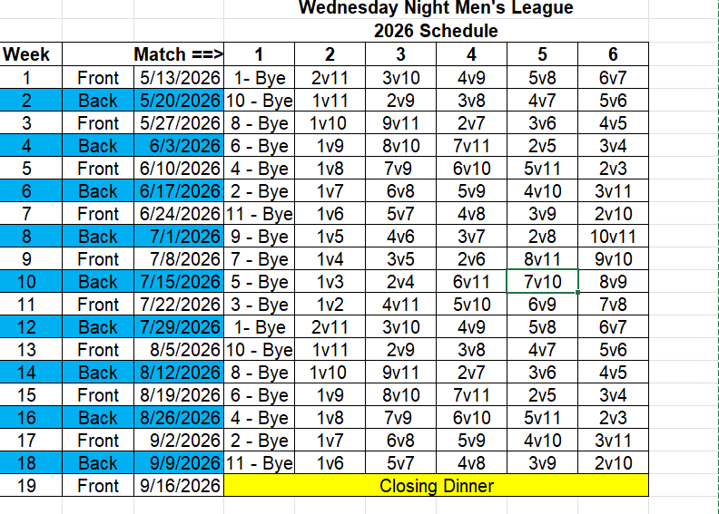 Wednesday Night League Schedule